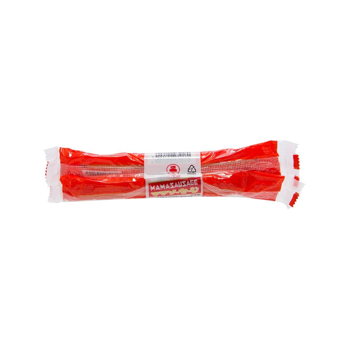 Fish meat sausage in red sealed package, side view with barcode label
