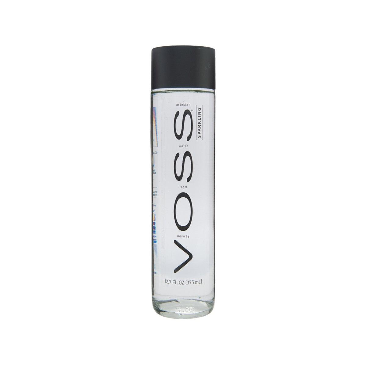 VOSS Norway sparkling water bottle, clear 375mL with black cap and front label