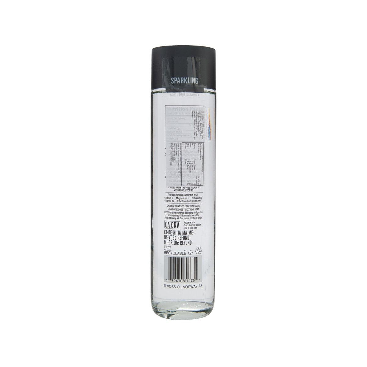VOSS Norway sparkling water bottle, clear 375mL with black cap and back label