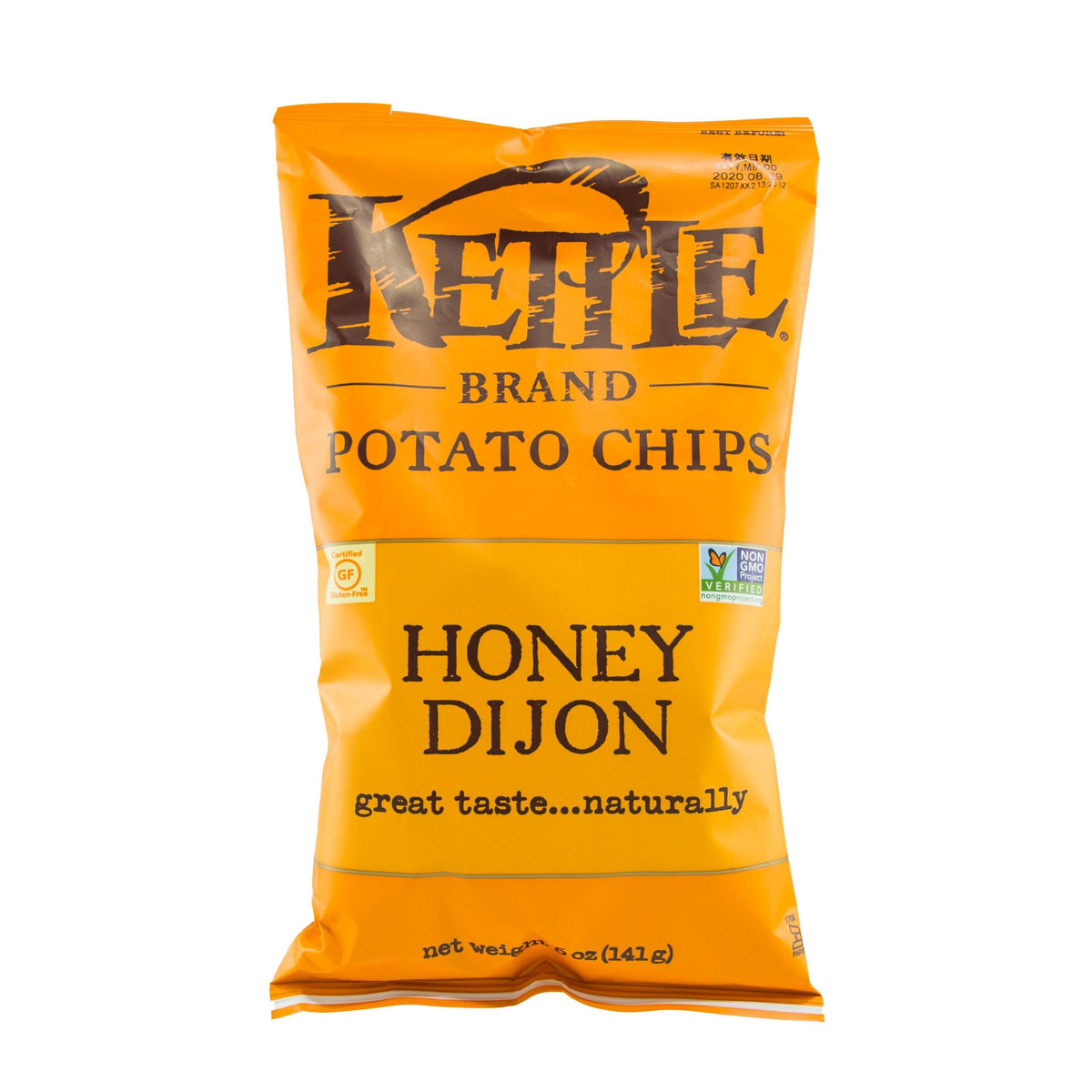 Honey Dijon potato chips bag, net wt 141 g, orange packaging