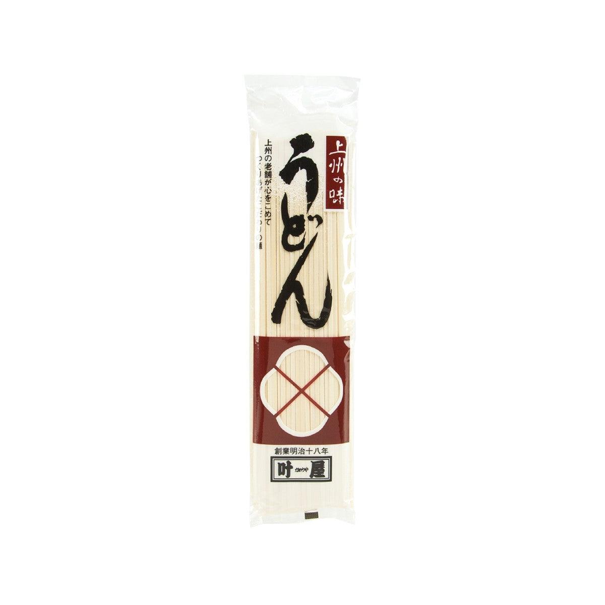 Dried udon noodle package, front label with Japanese text and barcode window