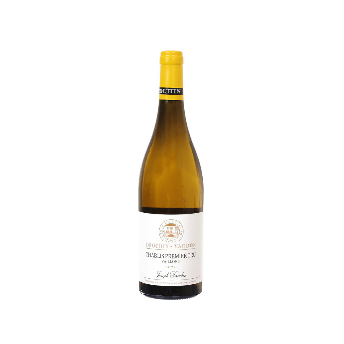 JOSEPH DROUHIN Chablis wine bottle with yellow cap, amber glass, front label