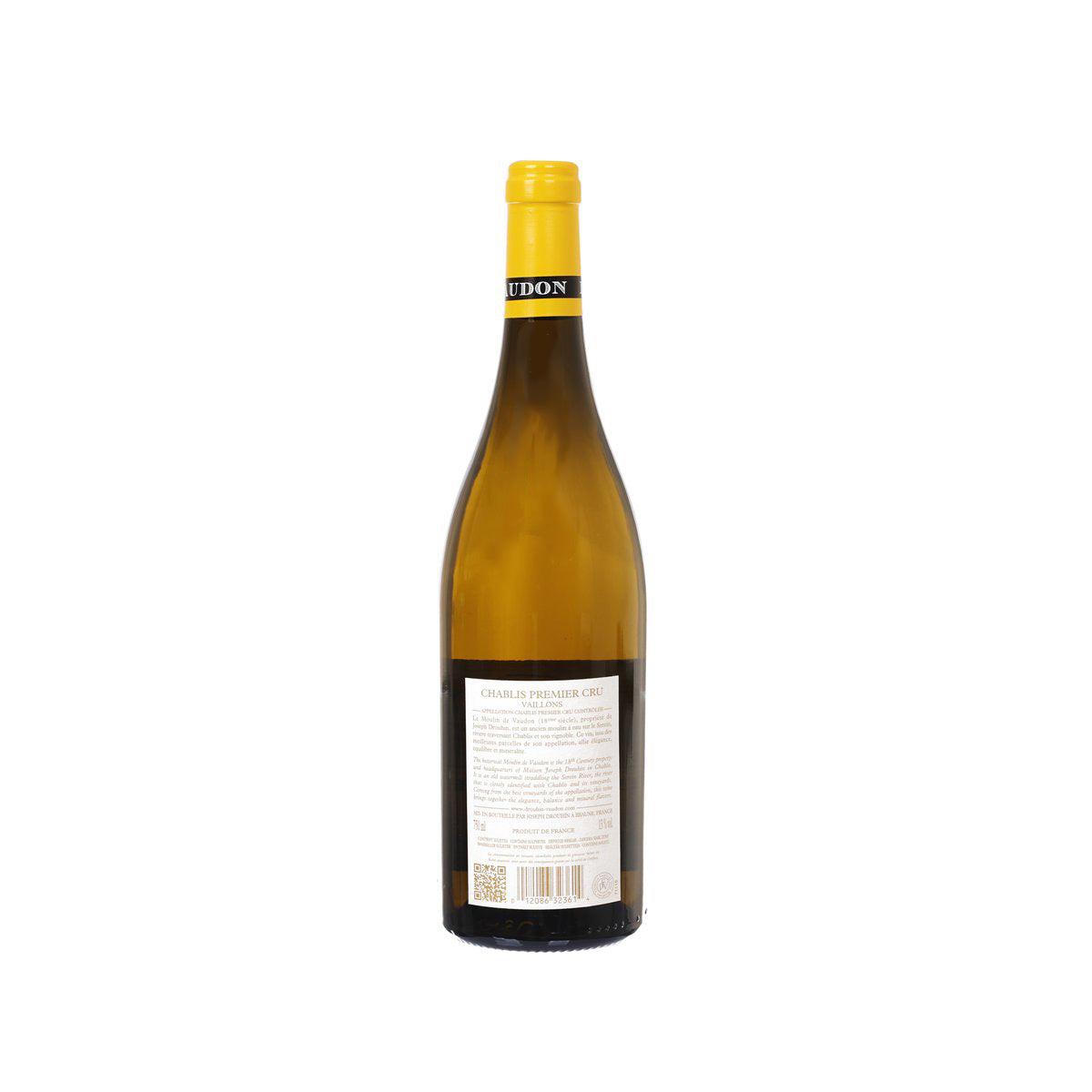 JOSEPH DROUHIN Chablis wine bottle with yellow cap, amber glass, back label