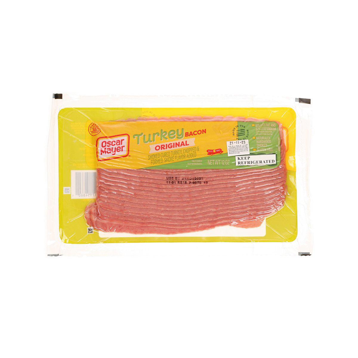 Turkey bacon package showing stacked sliced bacon, OSCAR MAYER Turkey Bacon original