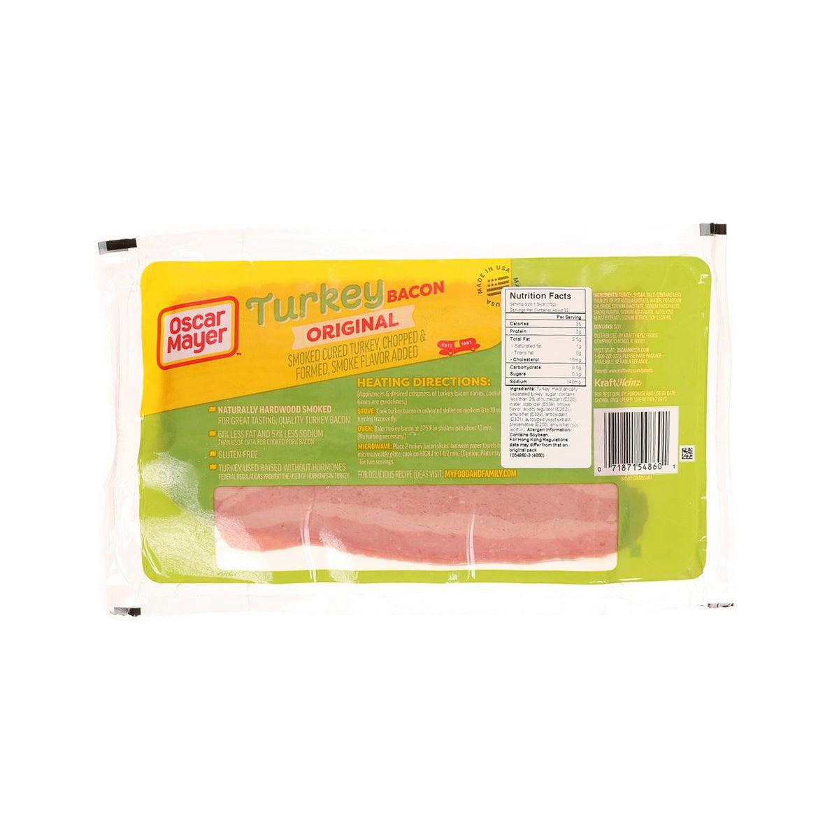Turkey bacon package, OSCAR MAYER Turkey Bacon original, with nutrition facts