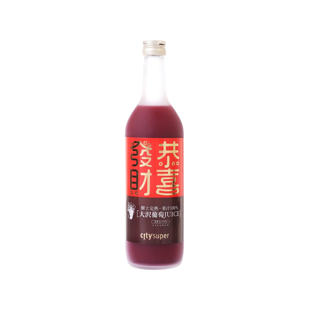 Grape juice bottle with red front label, 720 mL clear glass container