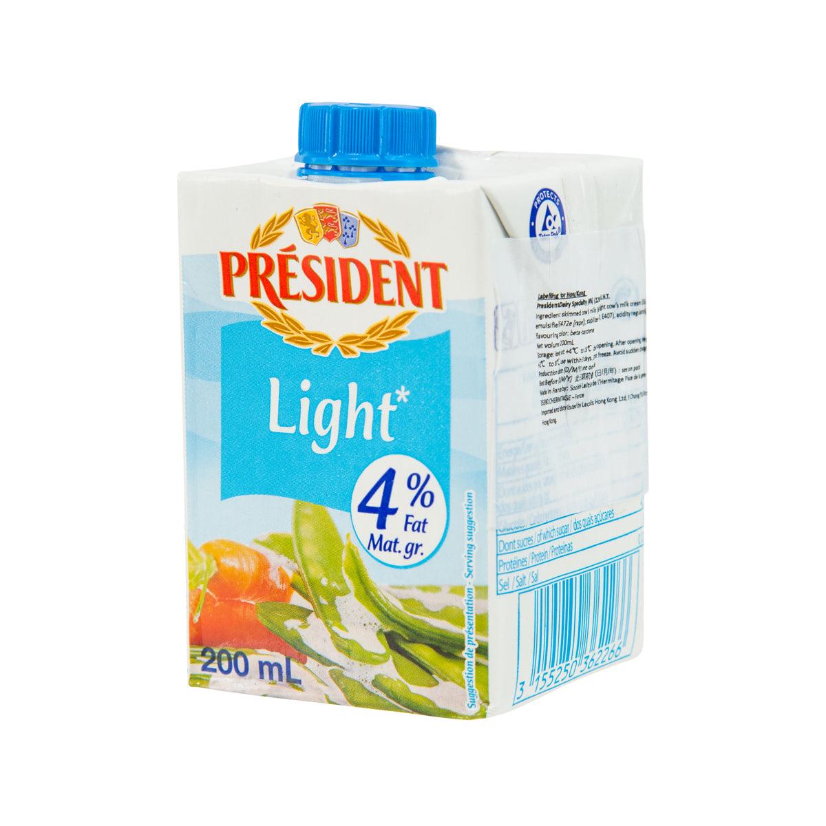 Milk carton, President Light 4% fat, 200 mL, back label with text