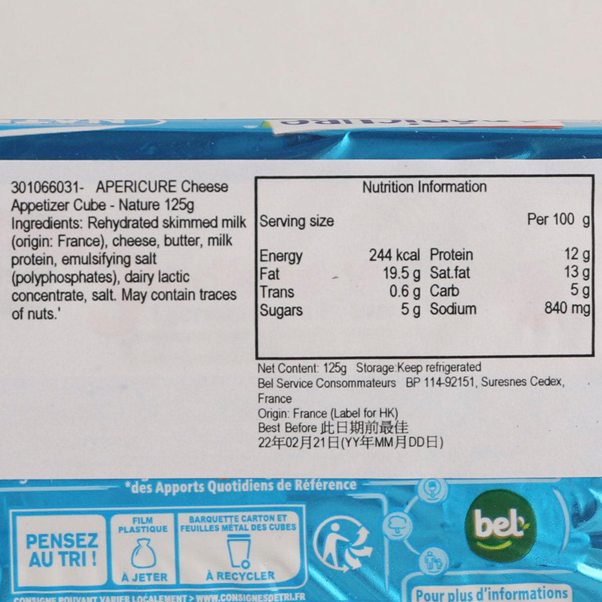 APERICURE Nature nutrition information panel on cheese appetizer cubes pack