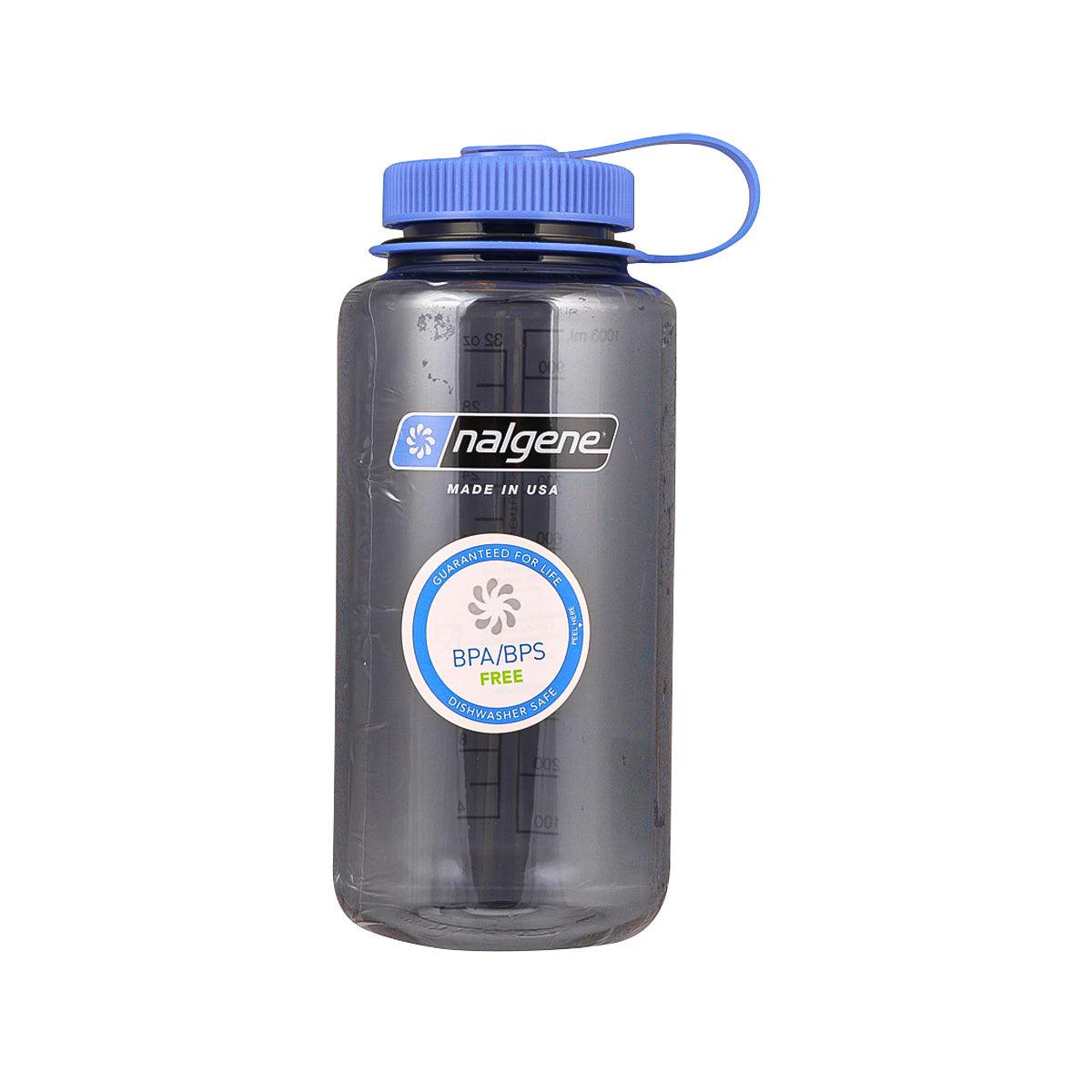 Gray Tritan wide-mouth water bottle with blue screw cap and carry loop
