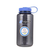 Gray Tritan wide-mouth water bottle with blue screw cap and carry loop