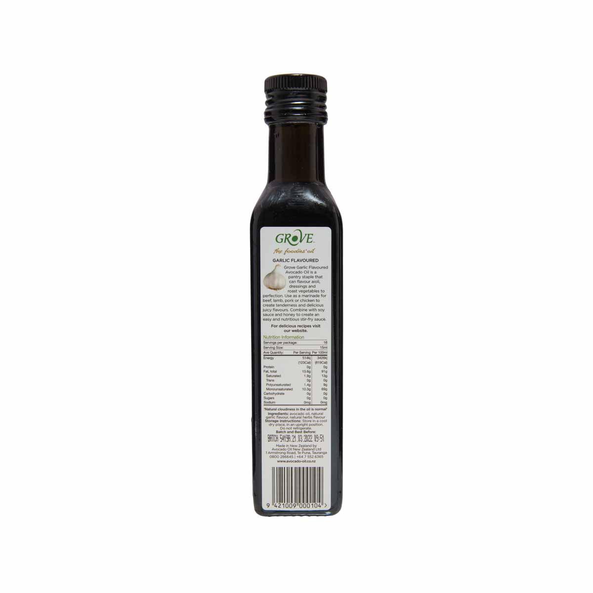 GROVE garlic-infused avocado oil bottle, back label with nutrition info