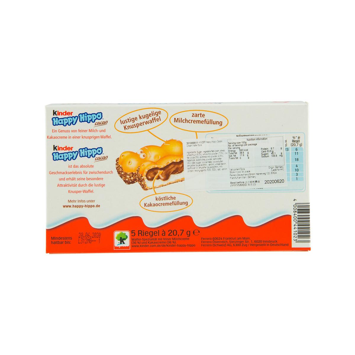 Kinder Happy Hippo cacao wafer multipack box, back with ingredients and nutrition