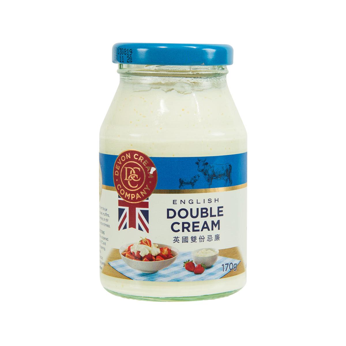 DEVON English double cream jar, clear glass with blue lid and gold label, 170g
