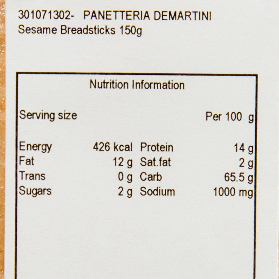 Nutrition information panel for sesame breadsticks, per 100 g