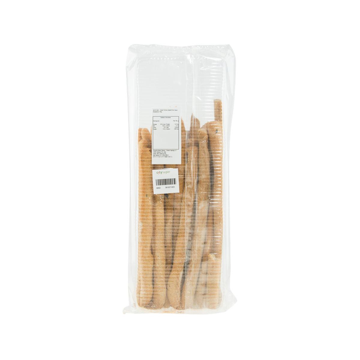 Olive breadsticks in clear plastic bag, back view with nutrition and barcode labels