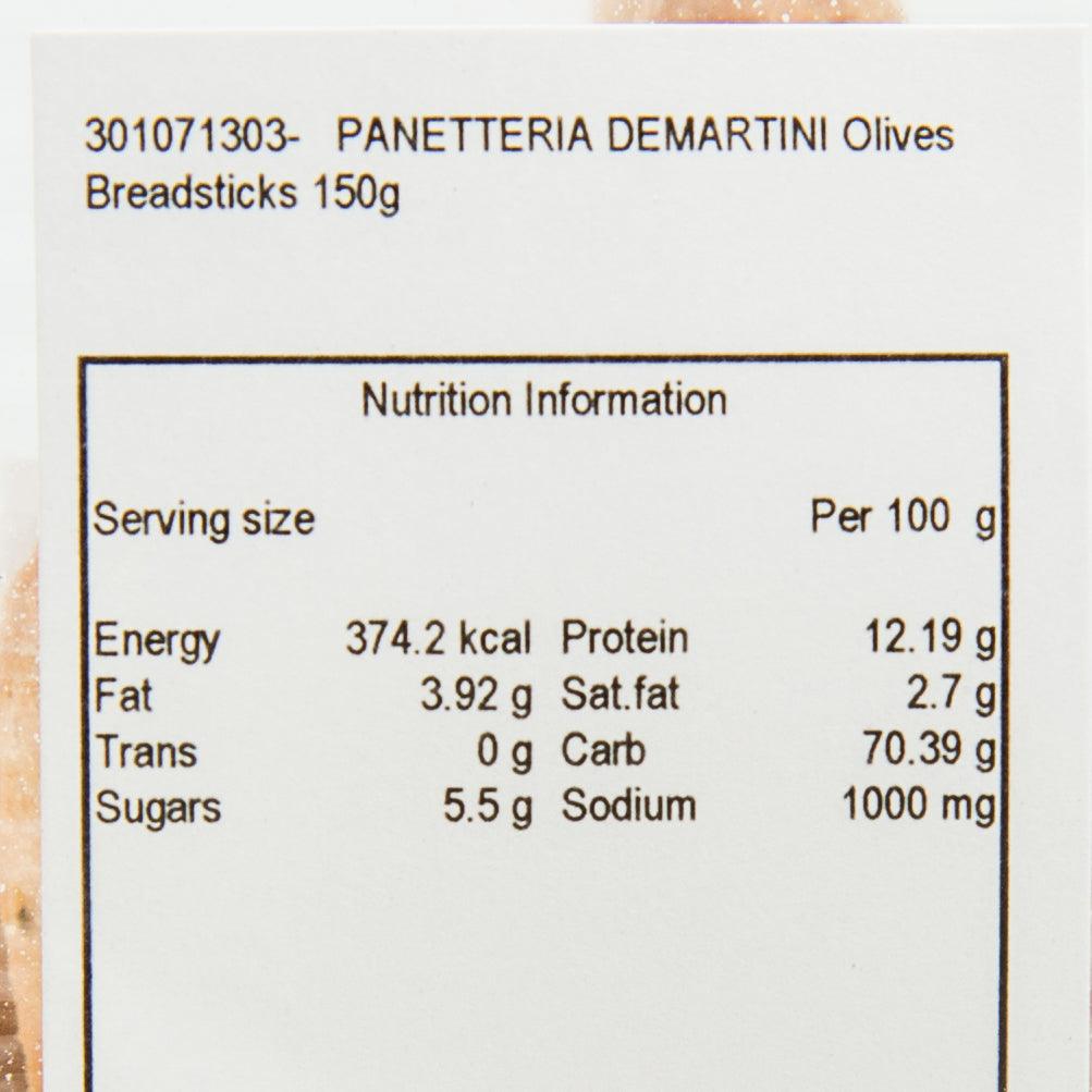 Nutrition information panel for olive breadsticks, energy and protein values shown