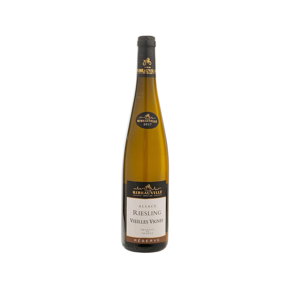 RIBEAUVILLE Riesling wine bottle with dark cap and cream label