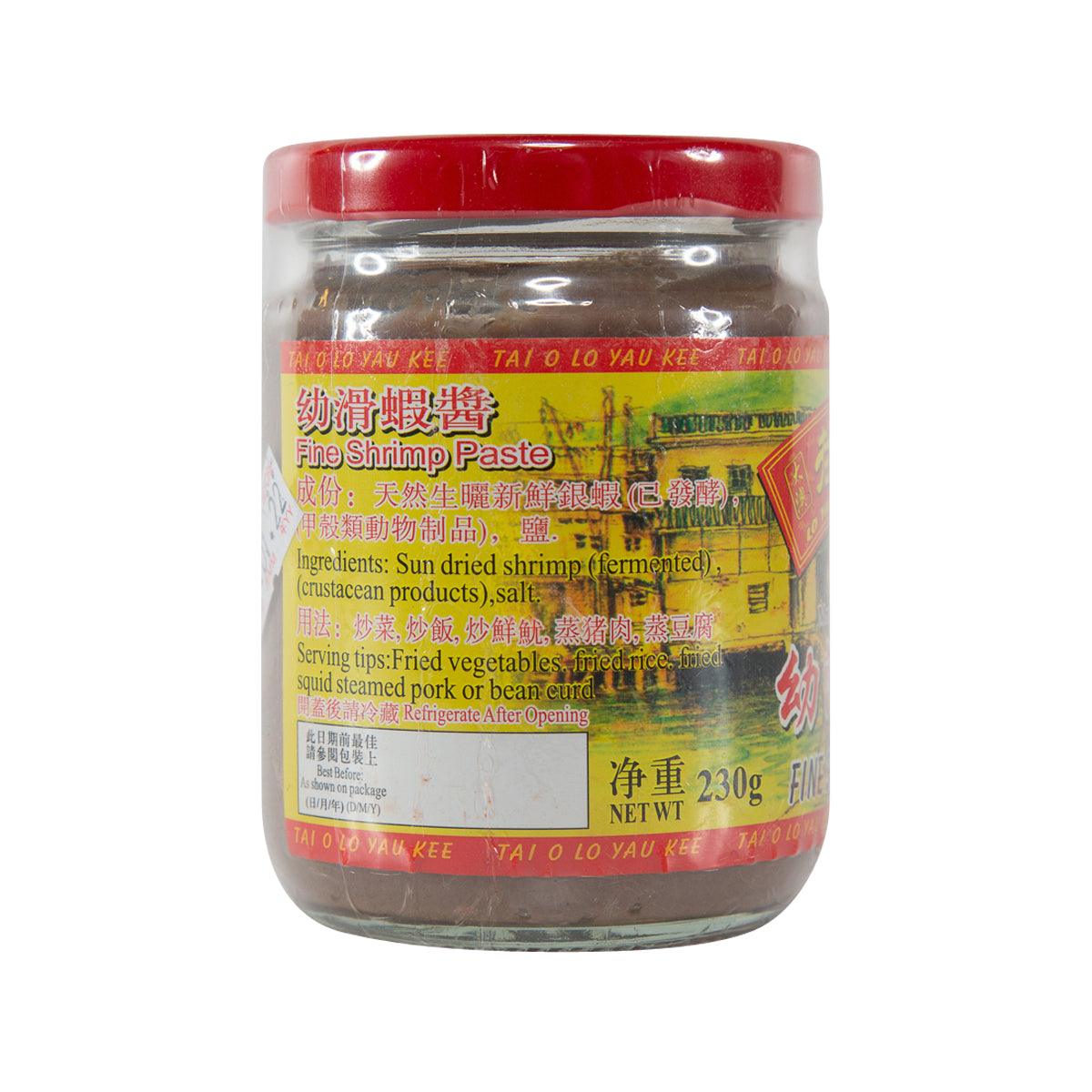 Fine shrimp paste jar with red lid, back label details and net weight 230g.