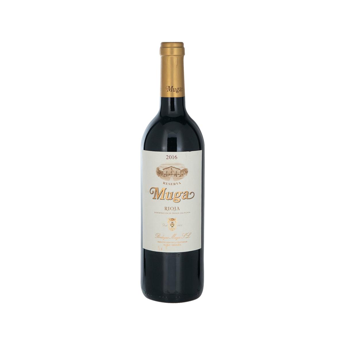 BODEGAS MUGA Reserva Rioja wine bottle, dark glass with gold cap and cream label