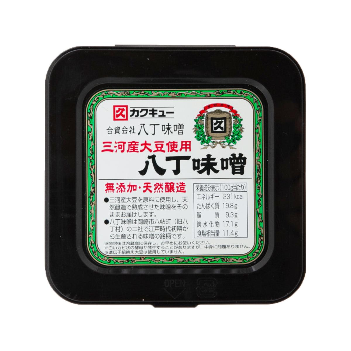 Hatcho miso paste container front label on dark plastic lid, 300 g