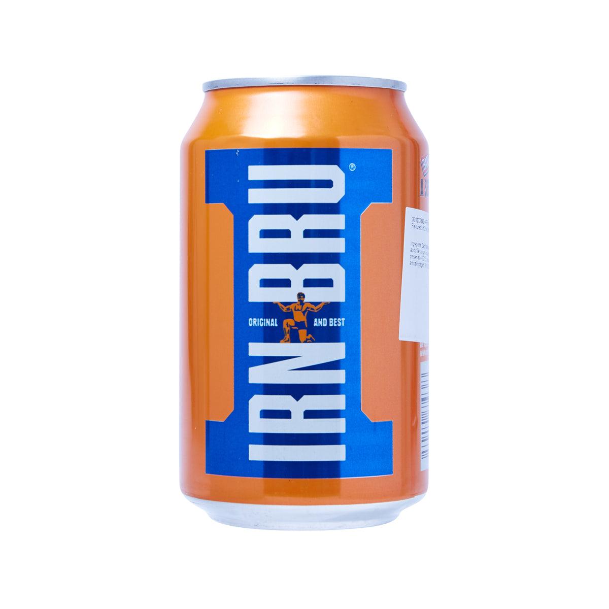 BARR Irn-Bru sparkling soft drink can, orange with blue label, 330 mL