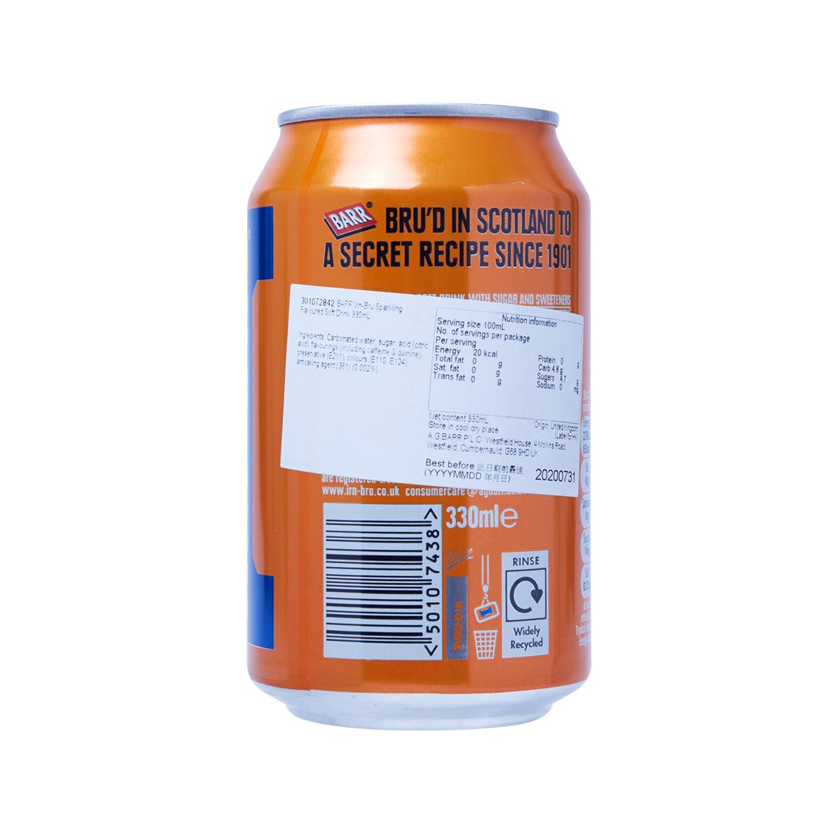 BARR Irn-Bru can back with nutrition panel and barcode, orange can, 330 mL