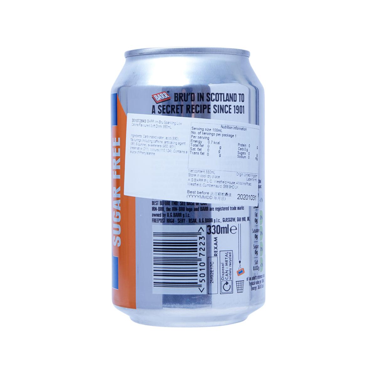 Irn-Bru sparkling low calorie drink can back with nutrition panel, 330 mL
