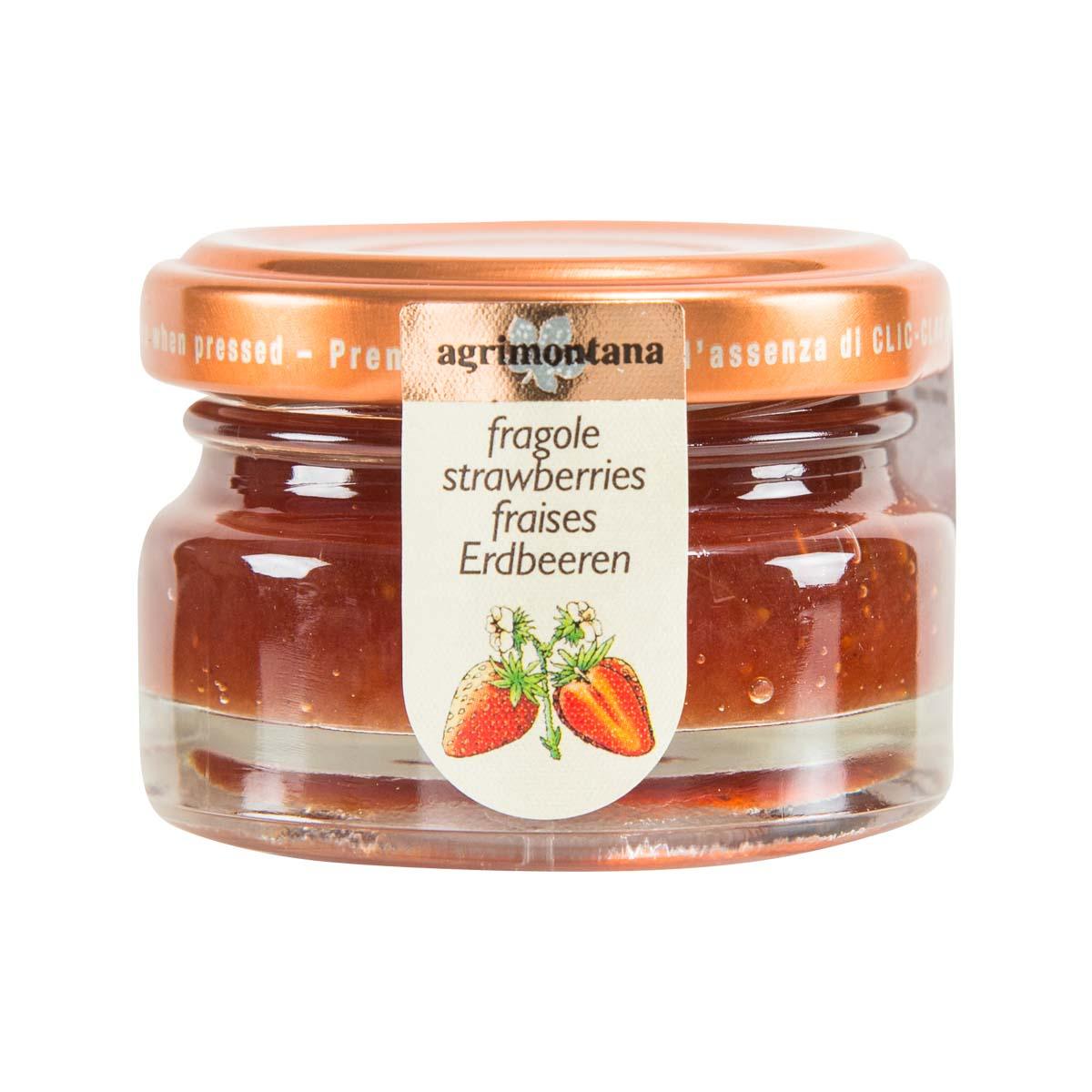 AGRIMONTANA strawberry extra jam jar, 42 g, front label with fruit