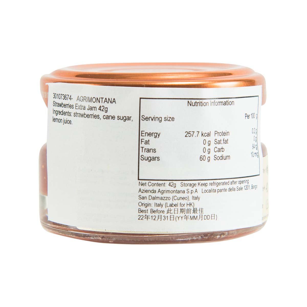AGRIMONTANA strawberry extra jam jar, 42 g, nutrition label on back