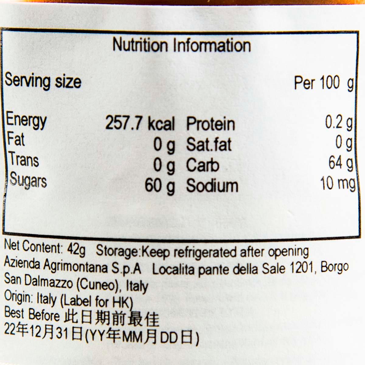 AGRIMONTANA strawberry extra jam nutrition information panel, per 100 g