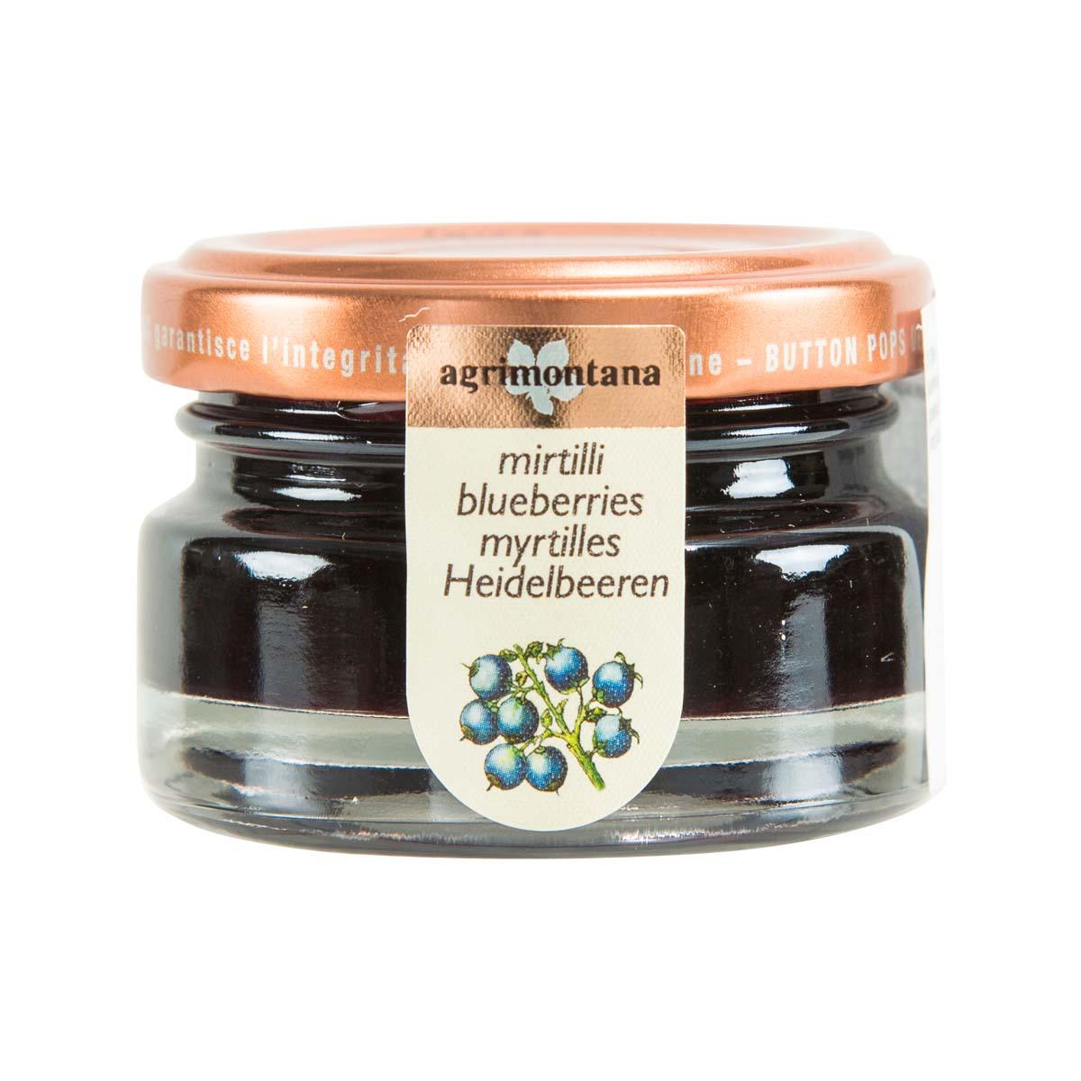 AGRIMONTANA wild blueberries extra jam jar, 42 g, front label with berries