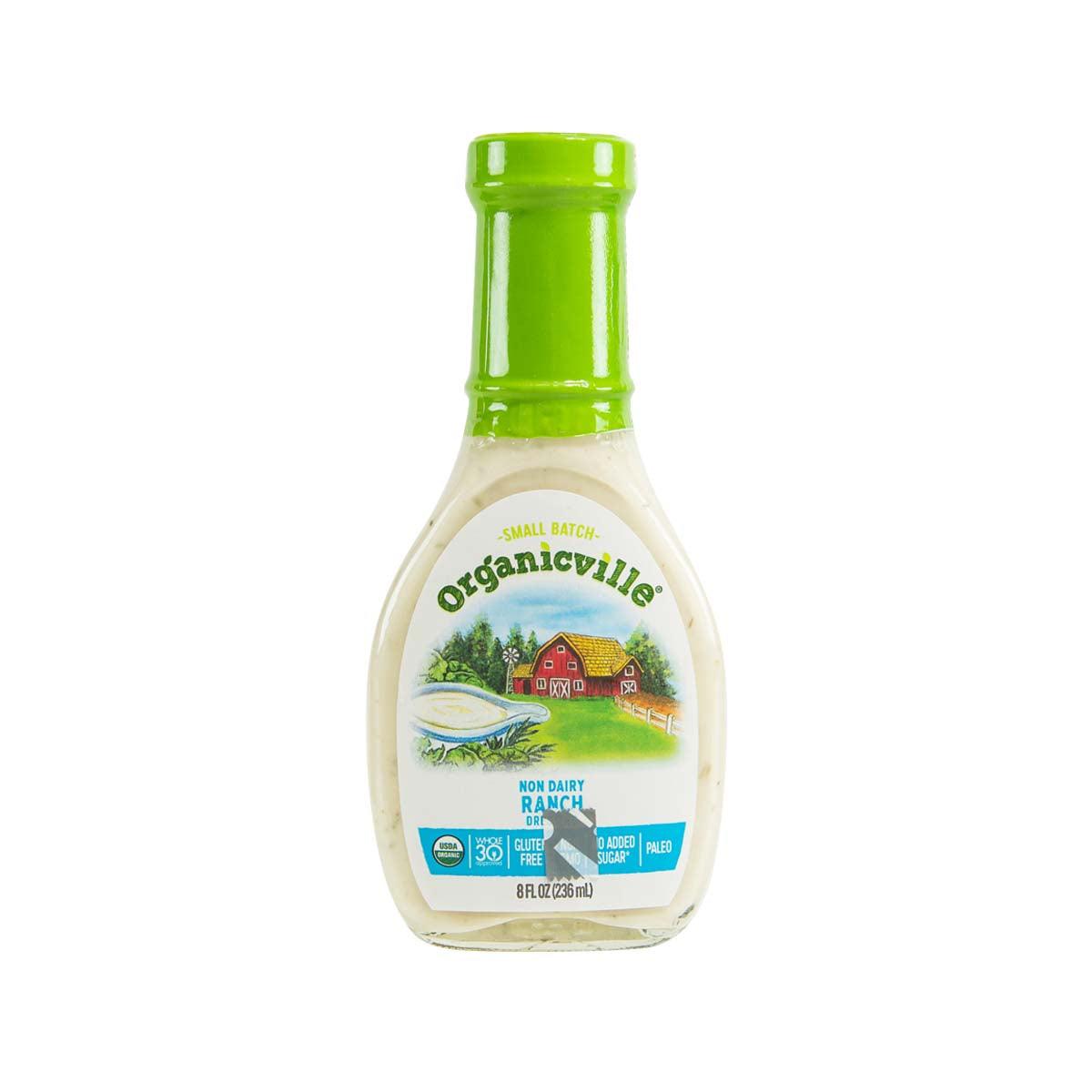 ORGANIC VILLE organic non-dairy ranch dressing bottle, green cap, 236 mL