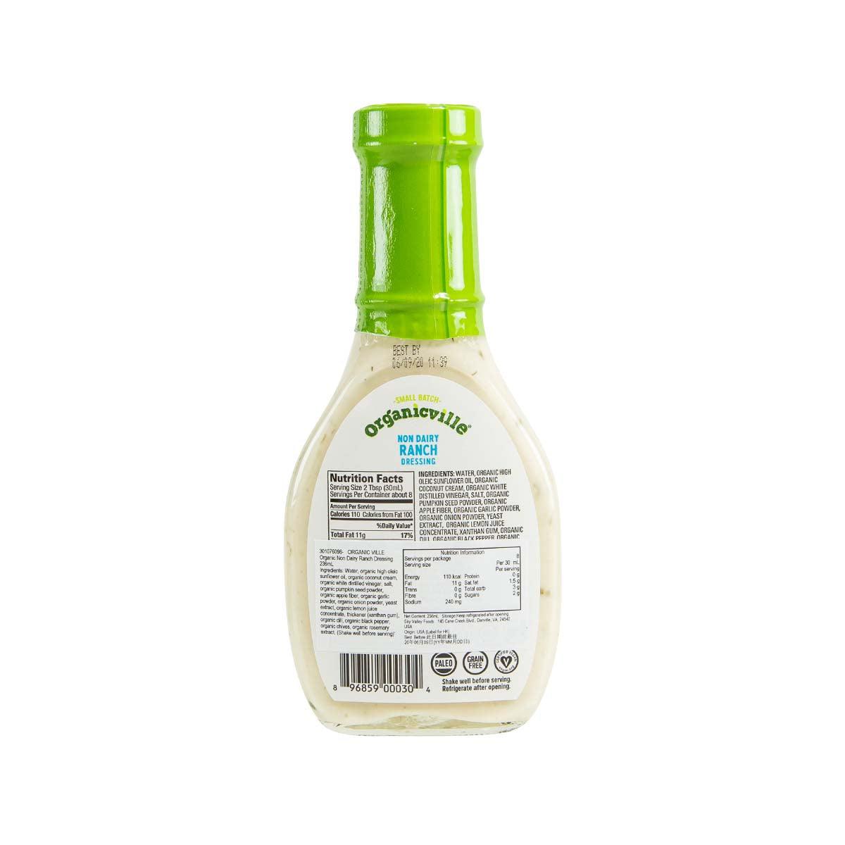 ORGANIC VILLE organic non-dairy ranch dressing bottle back label with nutrition panel