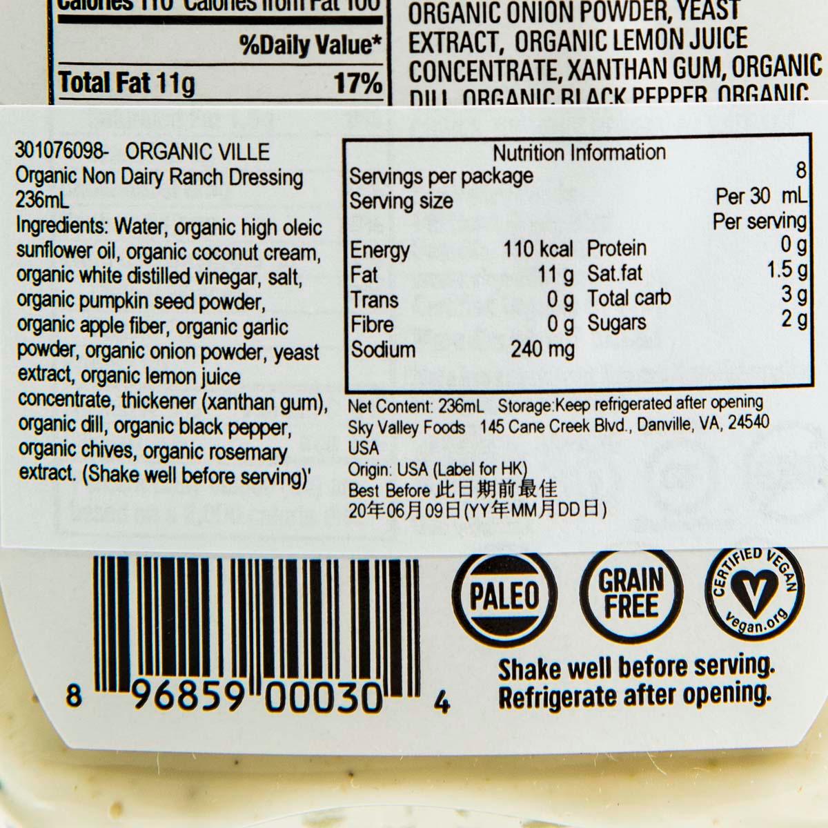 ORGANIC VILLE non-dairy ranch dressing ingredients and nutrition facts panel, 236 mL