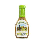 Balsamic vinaigrette bottle with green cap and olive-oil front label