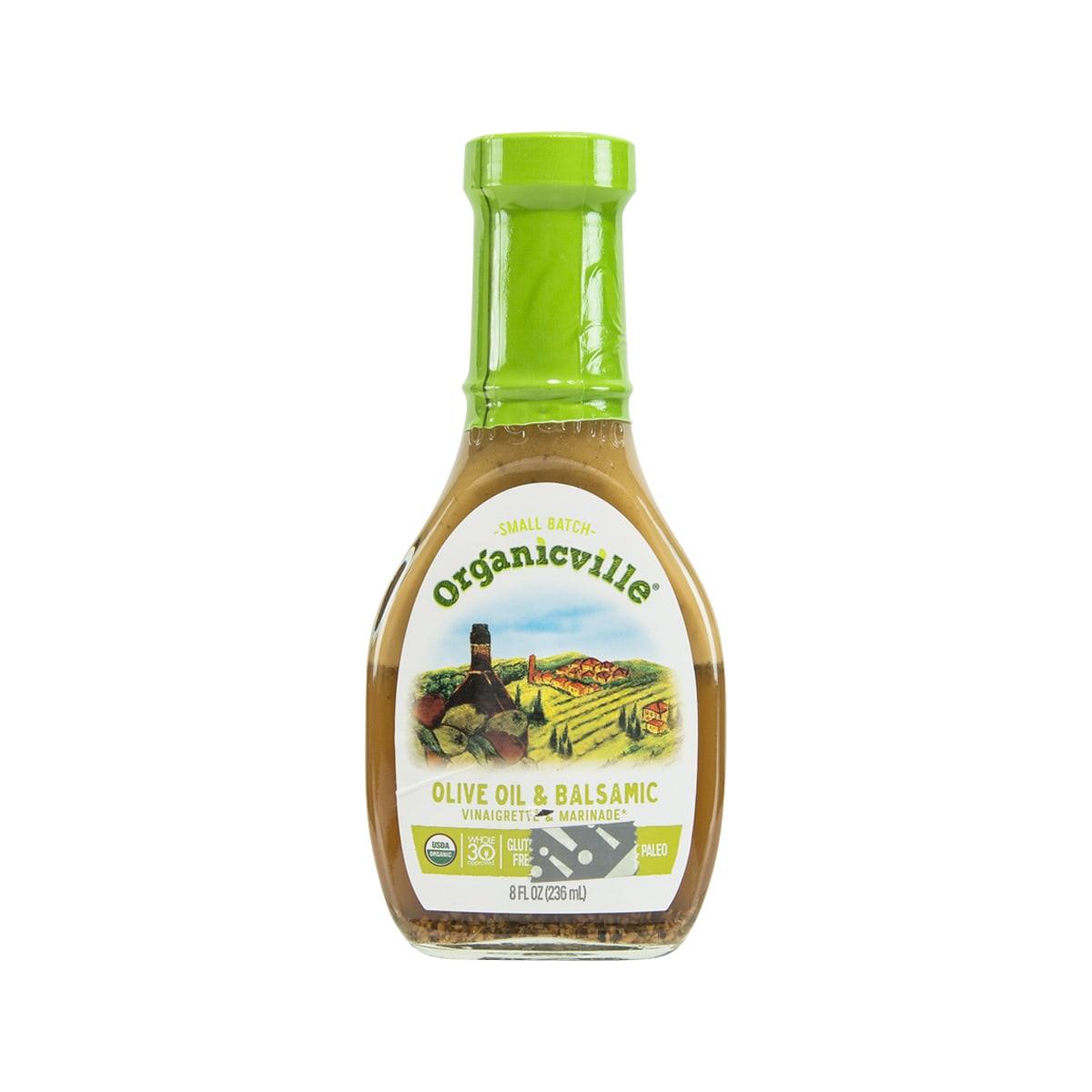 Balsamic vinaigrette bottle with green cap and olive-oil front label