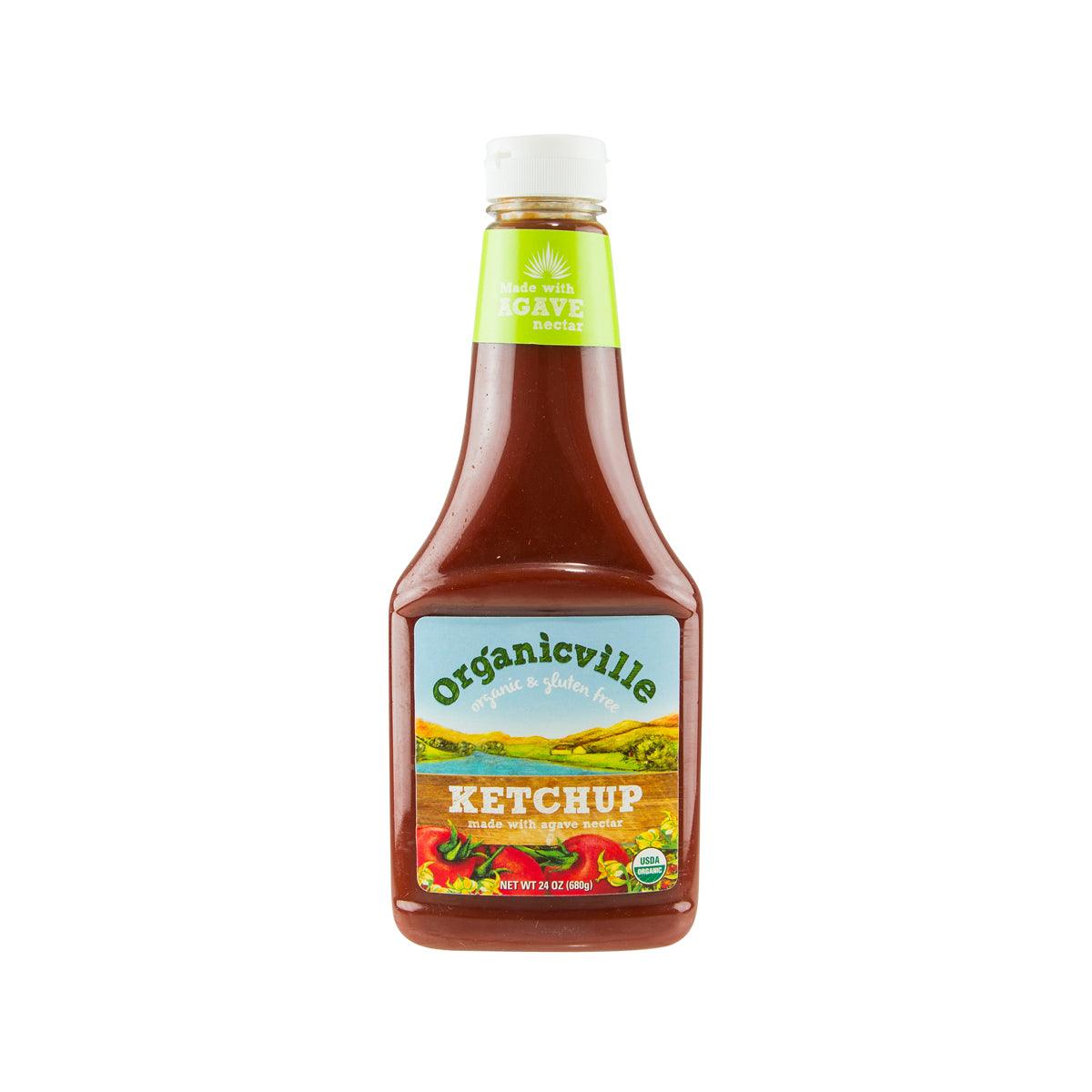 ORGANIC VILLE organic ketchup bottle with brown glass, green cap, front label
