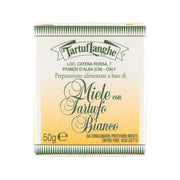 TARTUFLANGHE acacia honey with white truffle jar label on box front, 50g