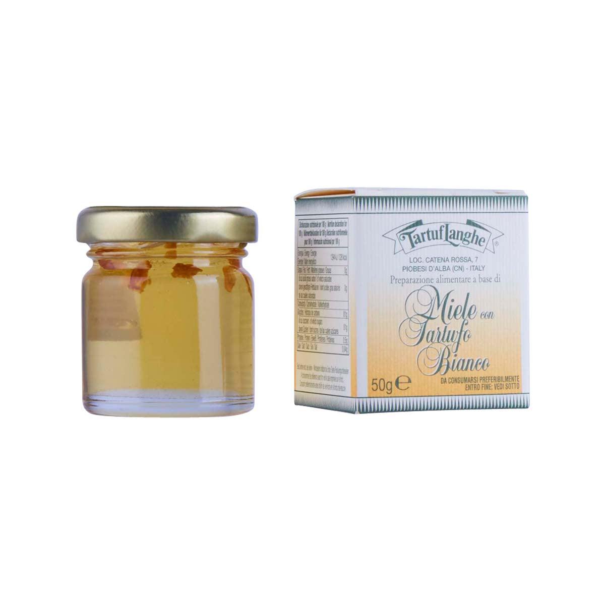 TARTUFLANGHE acacia honey with white truffle jar and box, side view