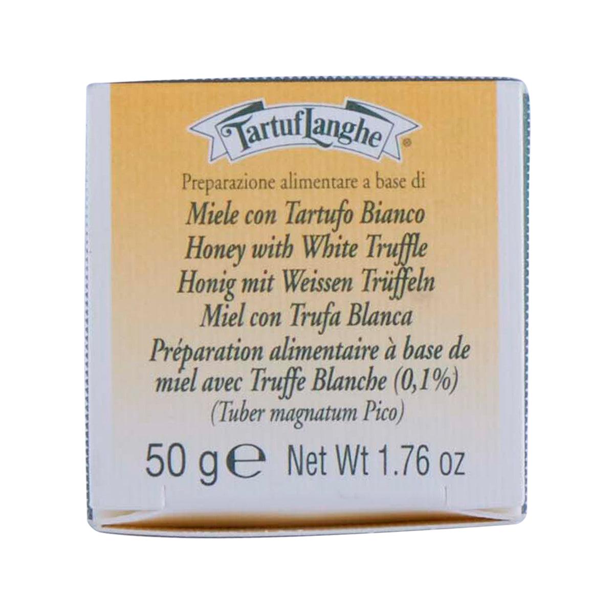 TARTUFLANGHE acacia honey with white truffle box front text, 50g