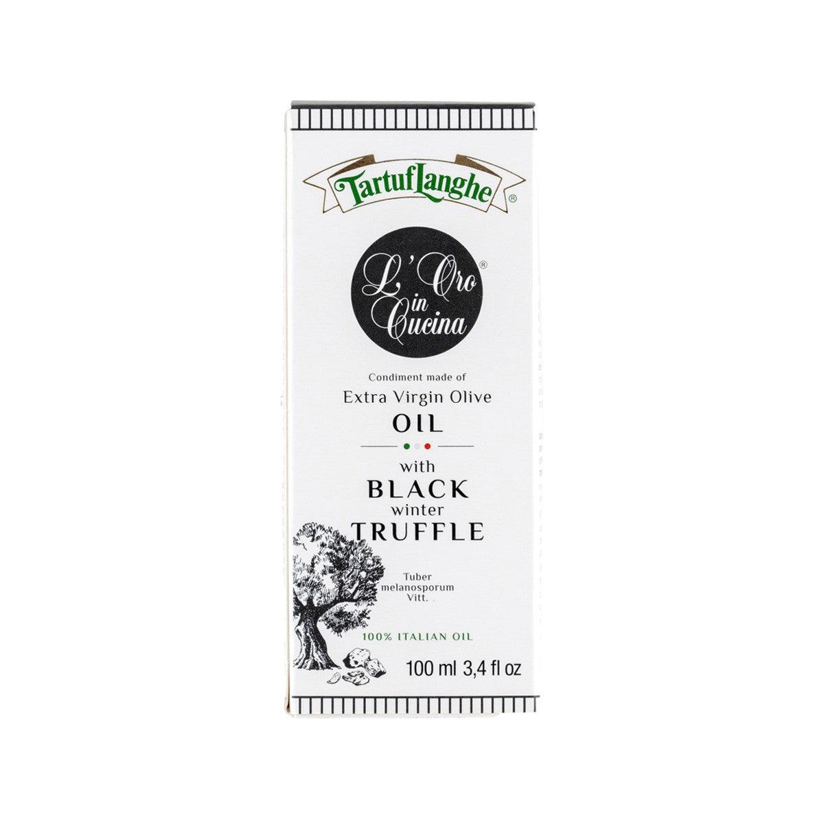 TartuFlanghe extra virgin olive oil condiment with black truffle, 100 mL box