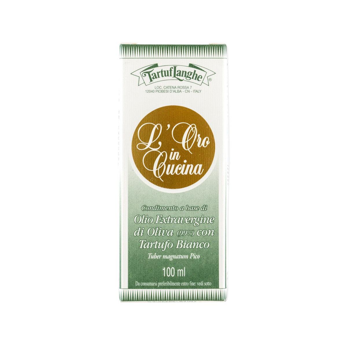 100 ml extra virgin olive oil with white truffle carton, TARTUFLANGHE front label