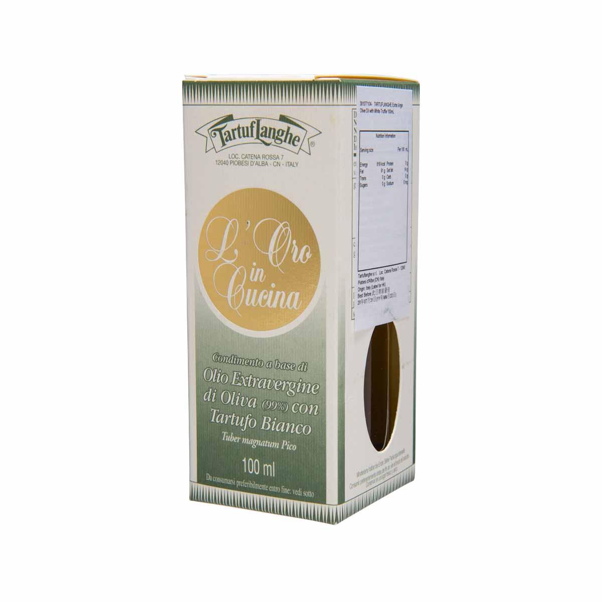 100 ml extra virgin olive oil with white truffle carton, TARTUFLANGHE side view