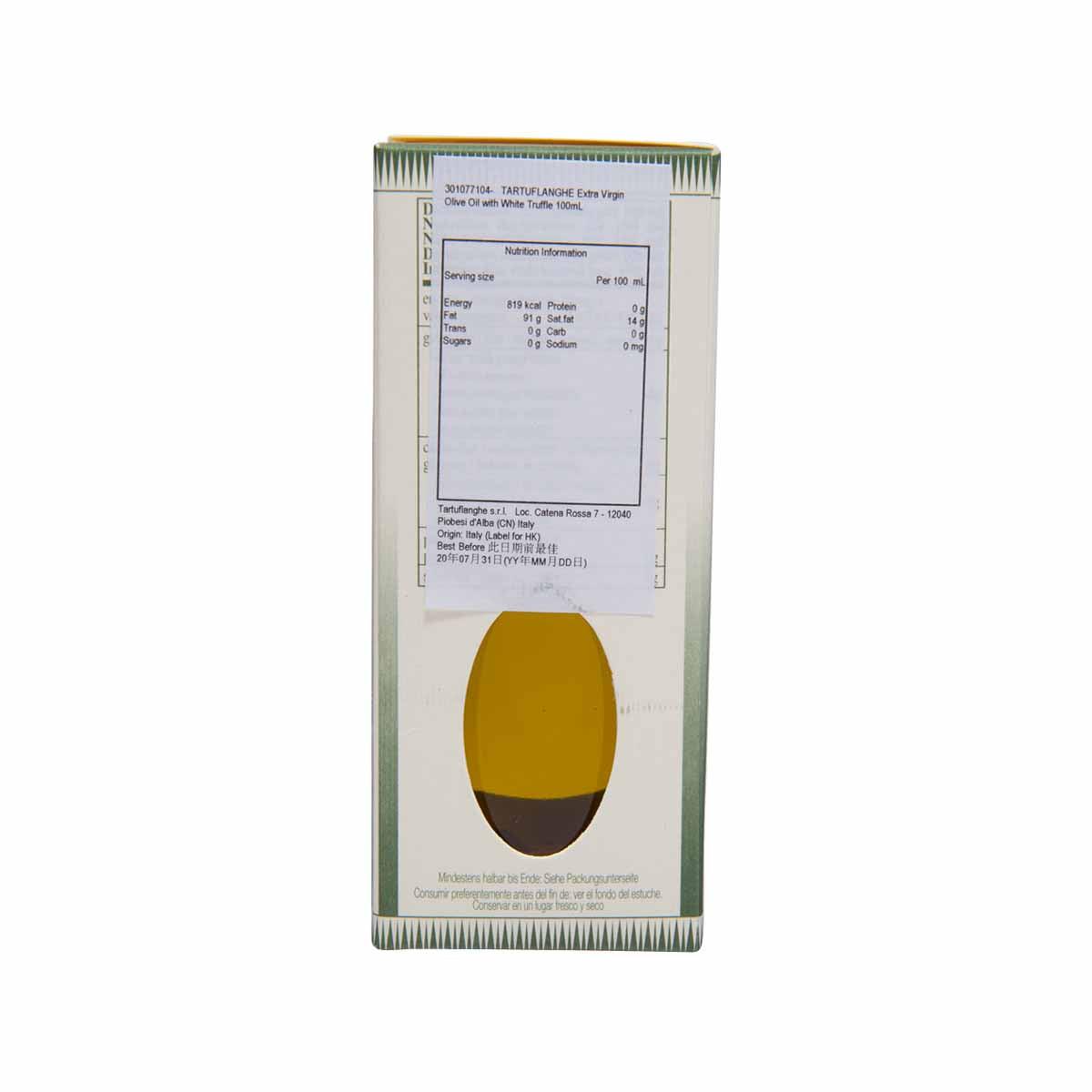 100 ml extra virgin olive oil with white truffle carton, back nutrition facts panel