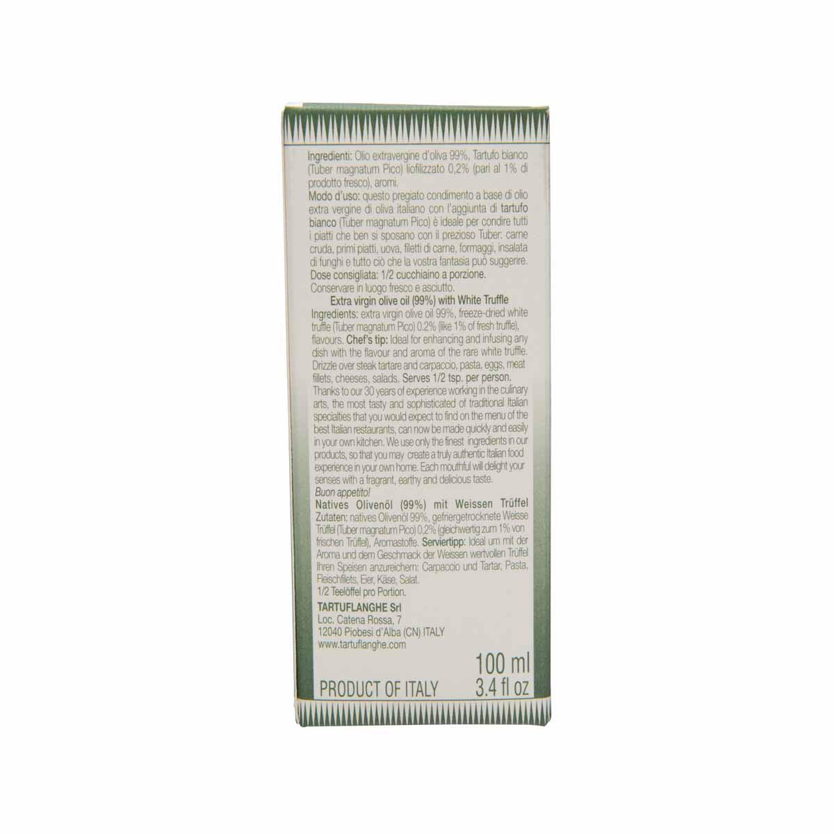 100 ml extra virgin olive oil with white truffle carton, back ingredients and details