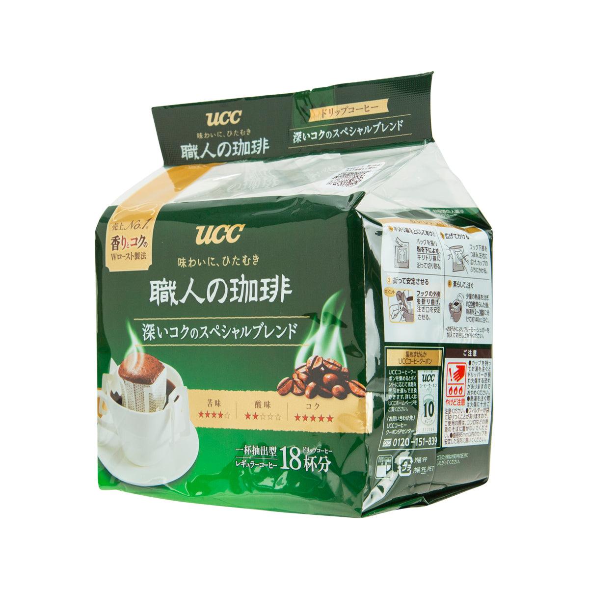 UCC coffee blend pouch with side panel, green-and-white packaging, 18-cup servings