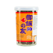 Rice topping jar with clear lid and orange label, dried fish and sesame contents