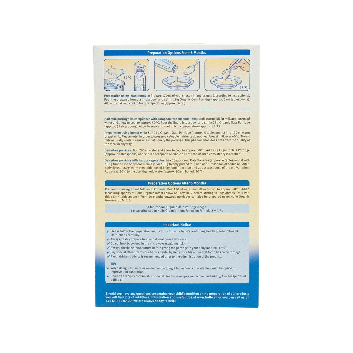 HOLLE organic oats porridge pouch, back with preparation and ingredients text