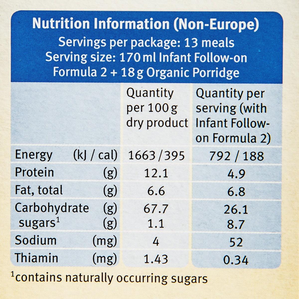 Nutrition panel for HOLLE organic oats porridge, serving and nutrient table