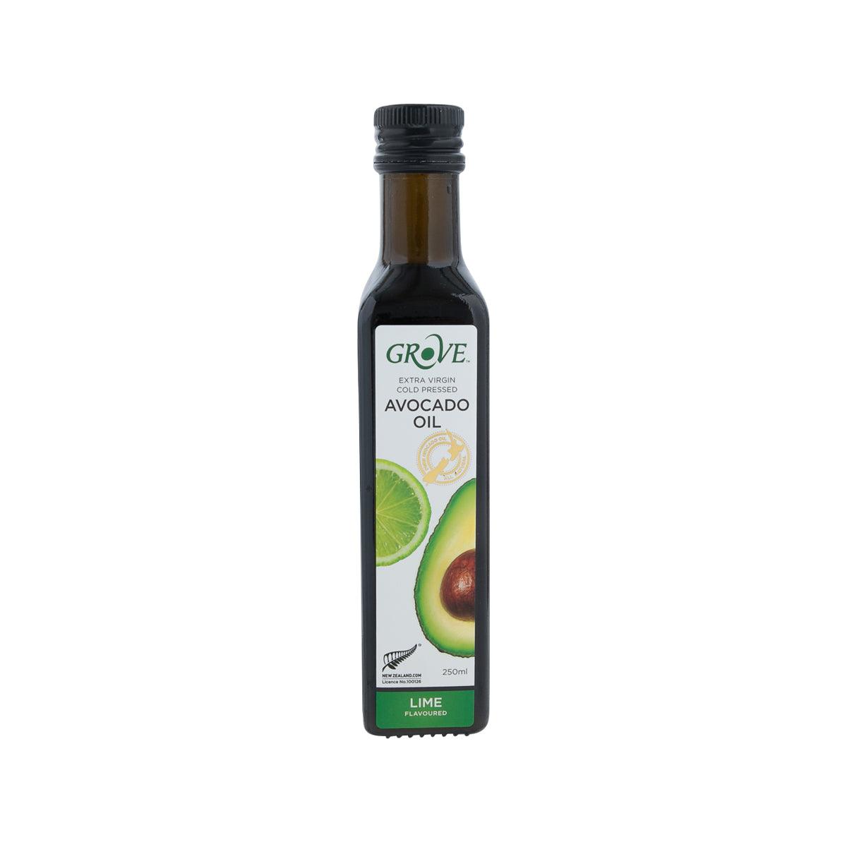 GROVE lime-infused extra virgin avocado oil bottle, 250 mL, dark glass